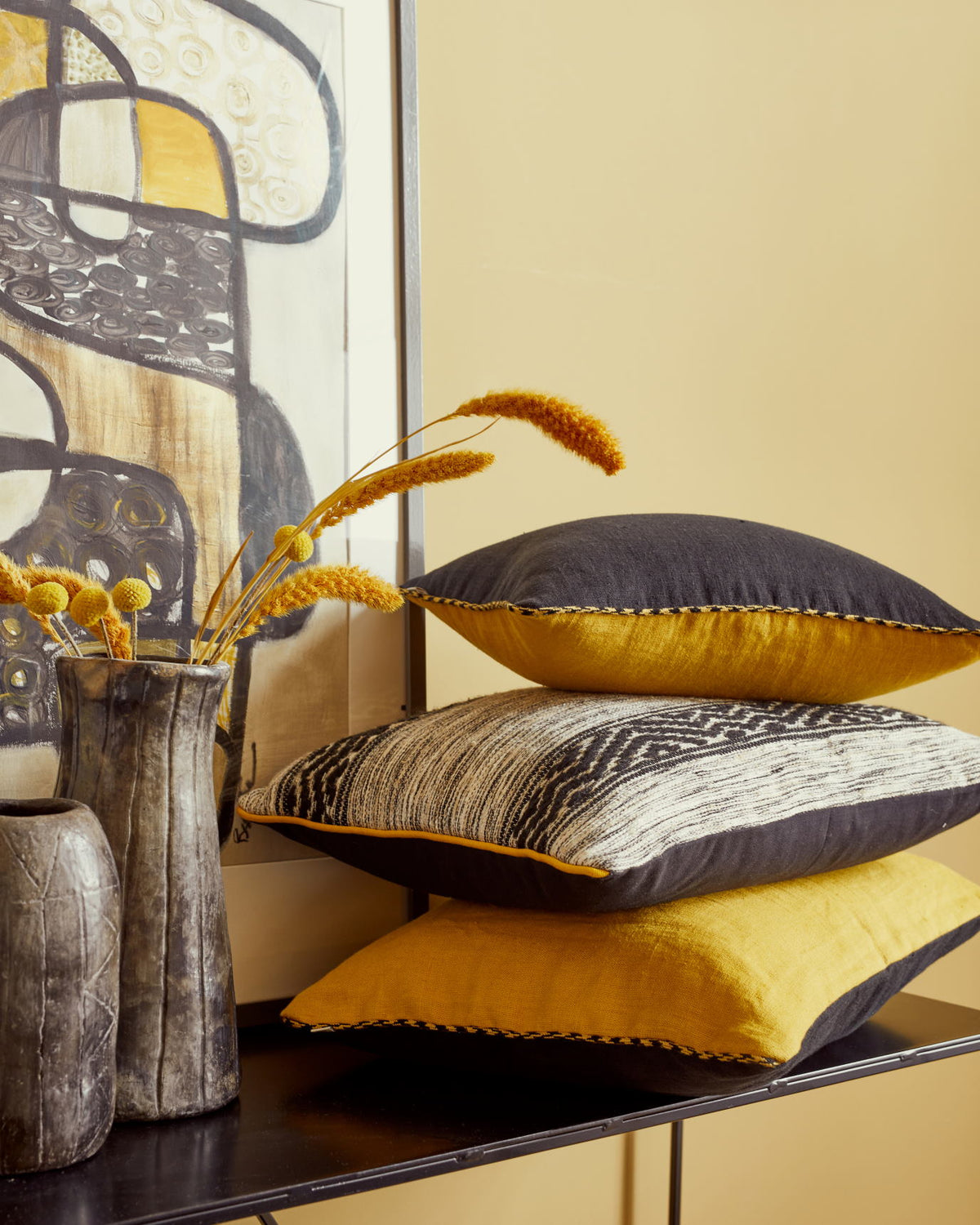 Housse De Coussin Décorative 40x40 Cm - Motif 'Aime Ça' Noir Et Jaune - En Lin/polyester - 2